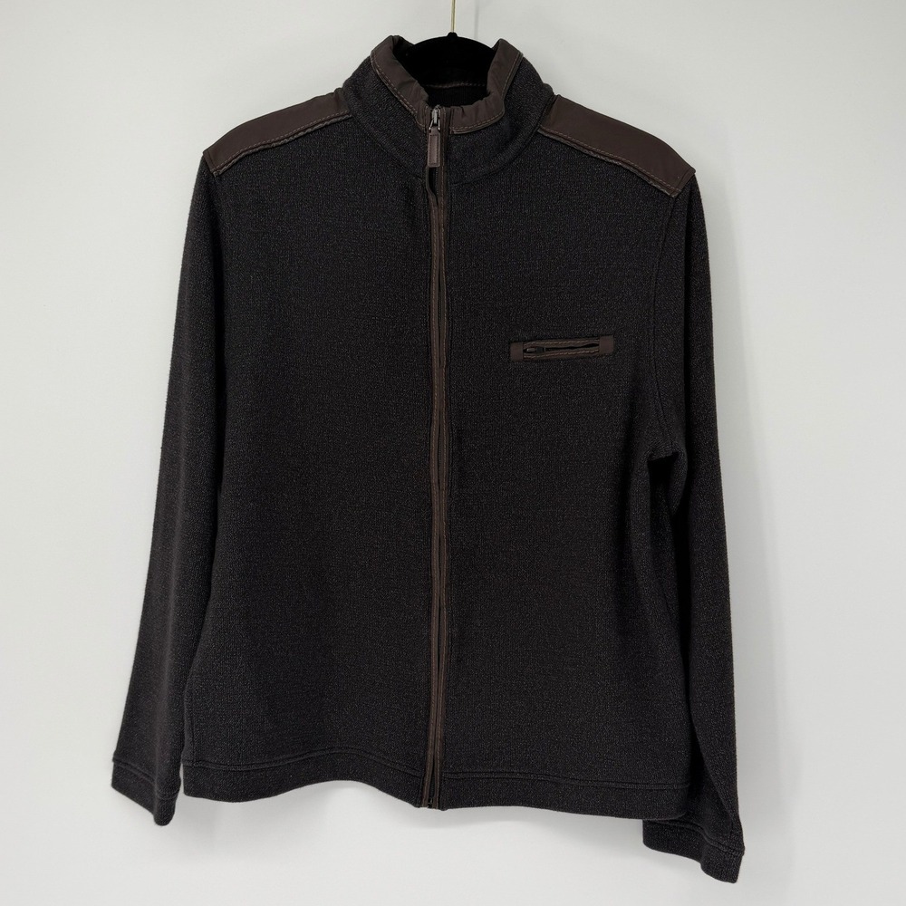 Johnston & Murphy Mens Full Zip Sweater Jacket Charcoal Gray Faux Leather Trim M